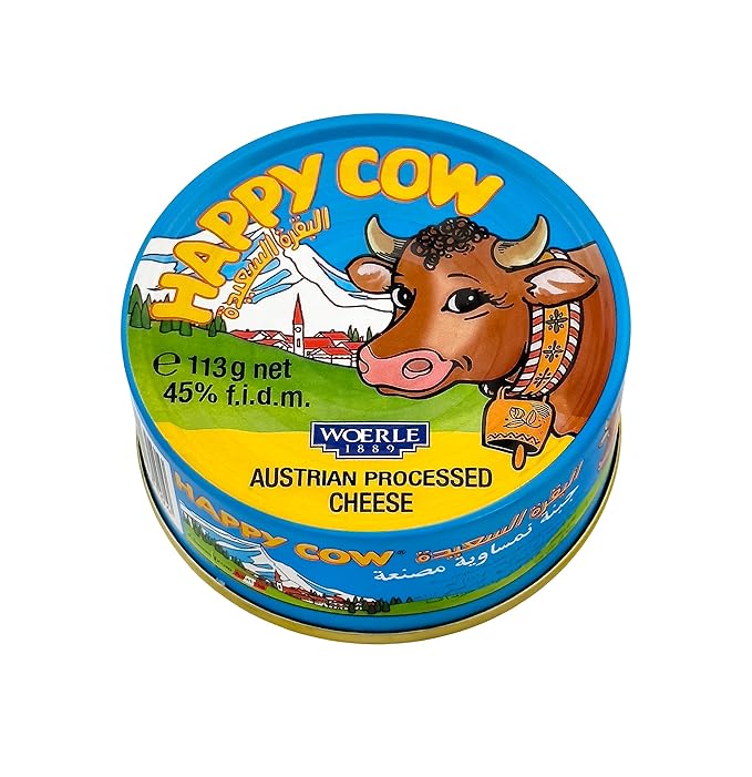 Happy Cow Halal Austrian Processed Cheese 4 OZ (113g) Easy Open Can, Rich Cheddar Flavor, Long