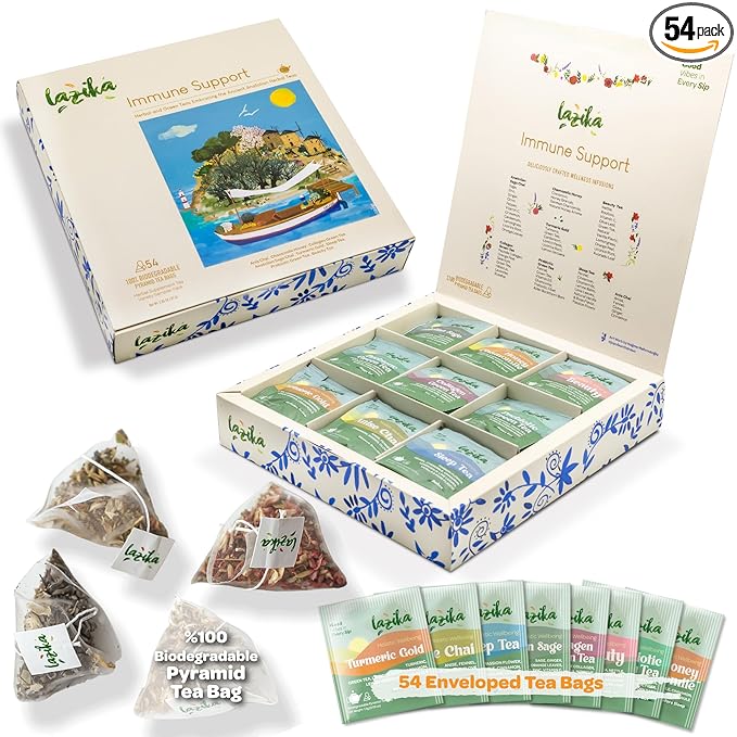 Lazika Herbal Tea Variety Pack with Lovely Presentation Box, 54 Counts, Immune Support Tea
