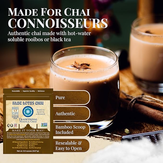 Blue Lotus Chai - Traditional Masala Chai - Makes 17 Cups - 0.5 oz Pouch Masala Spiced Chai Powder