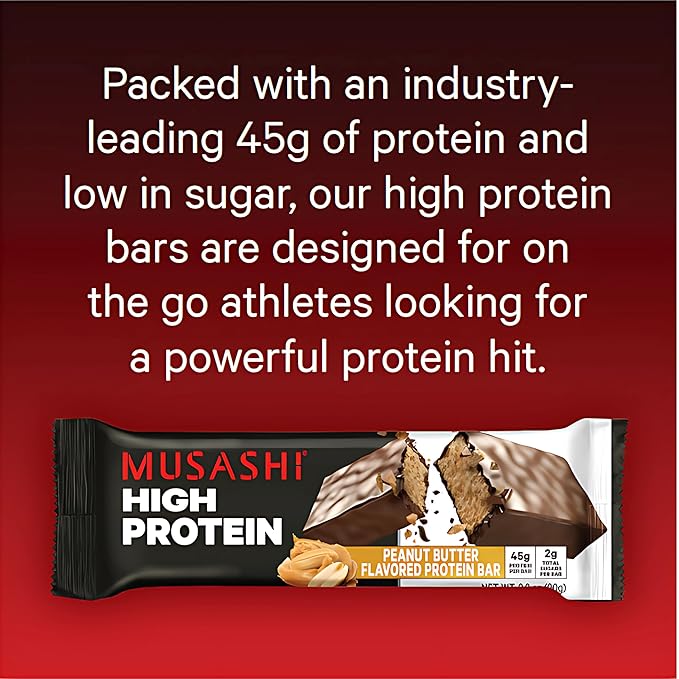 MUSASHI High Protein Bar, 45g Protein, 2g Total Sugars, Peanut Butter & Milk Chocolate Coated, Post