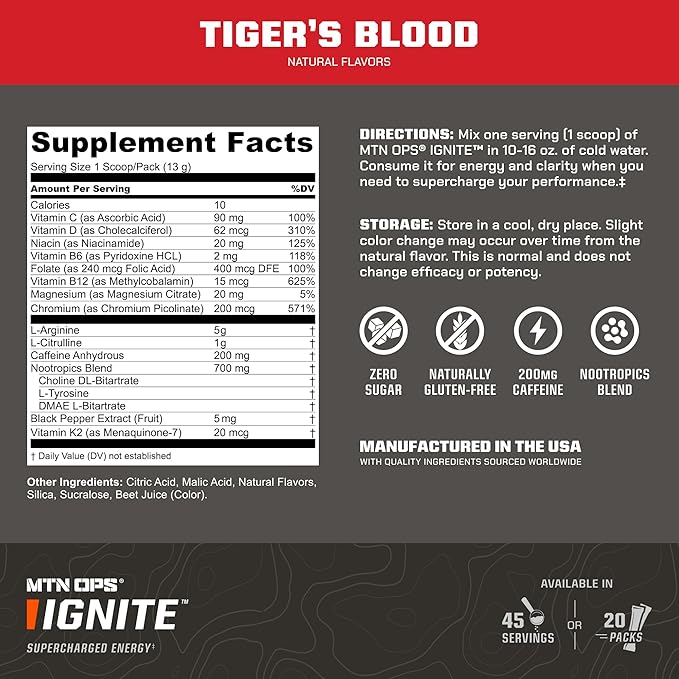 MTN OPS Ignite Energy Drink Powder, Gluten Free Nootropic Supplement Drink Mix, L Arginine, L