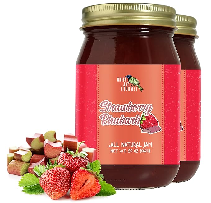 Green Jay Gourmet Strawberry Rhubarb Jam - All-Natural Fruit Jam with Strawberries, Rhubarb & Lemon