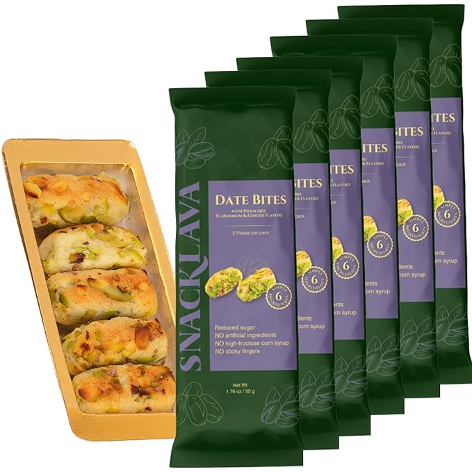 Snacklava Pistachio Date Bites with Cardamom - 6 Pack (3 Pieces per Pack) - Pistachio and Date