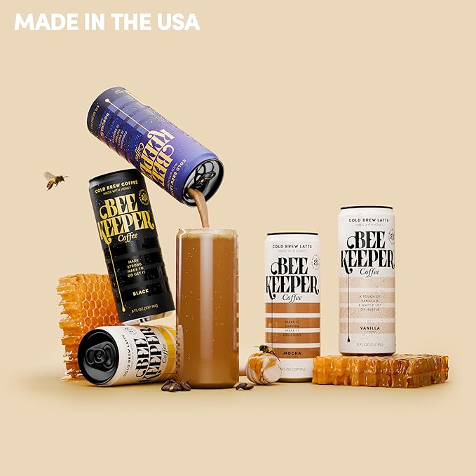Beekeeper Coffee Cold Brew Caramel Latte with Oregon Honey, 8 fl oz cans (Pack of 12)