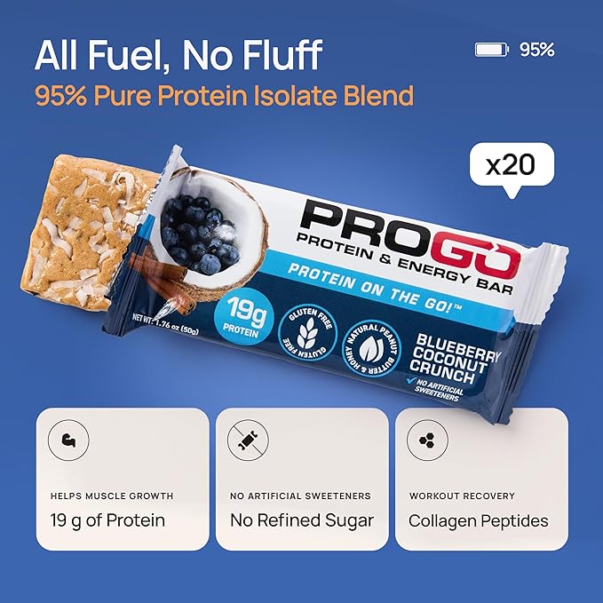 ProGo Protein Bars, Low Sugar, High Protein Snacks (19g) - 95% Pure Isolate for Faster Muscle