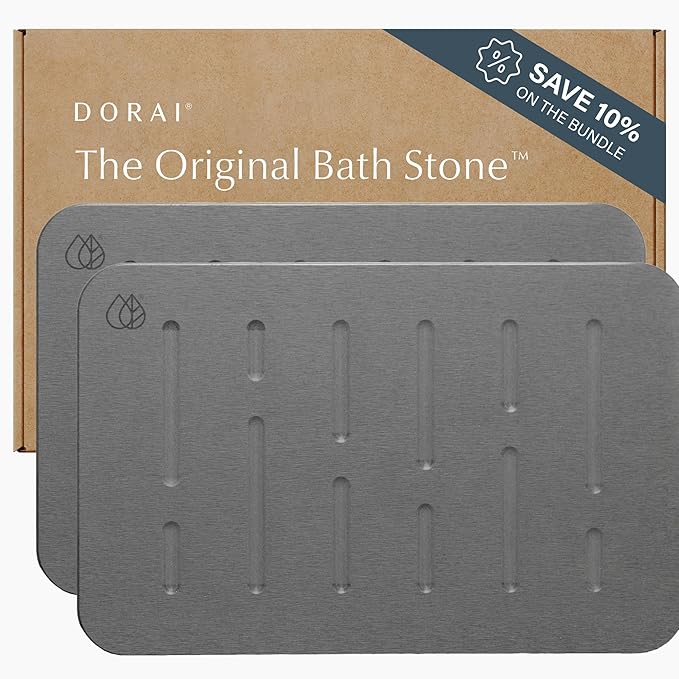 Dorai Home Bath Stone Mat 23.6"x15.4" (2-Pack) – Quick-Dry, Non-Slip Diatomite Stone Bath Mat, Rain