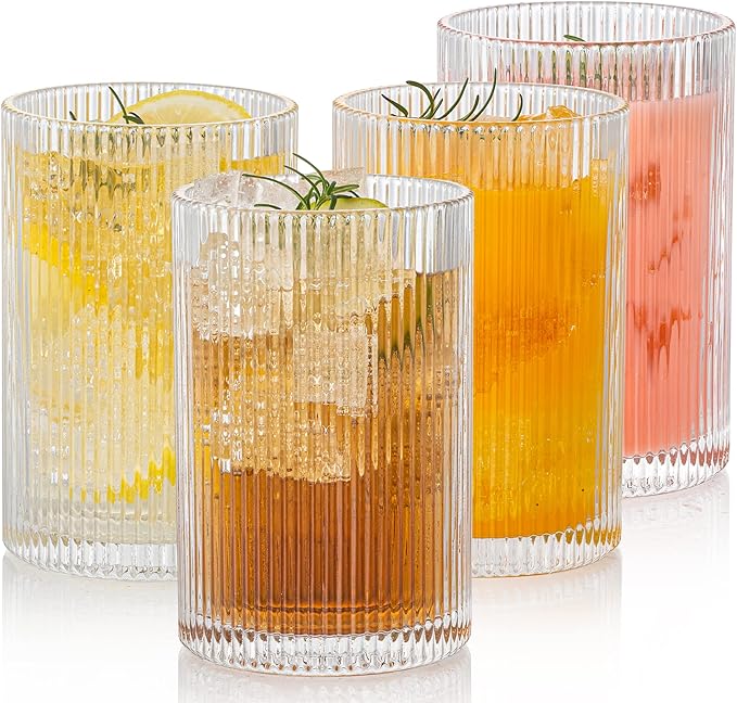 Vintage Ribbed Glassware Set: 4pcs 16.9oz XL Drinking Glasses, Fluted Ripple Drinkware, Origami