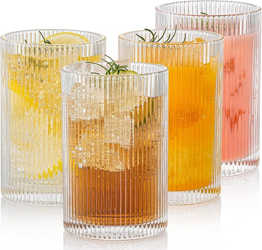 Vintage Ribbed Glassware Set: 4pcs 16.9oz XL Drinking Glasses, Fluted Ripple Drinkware, Origami
