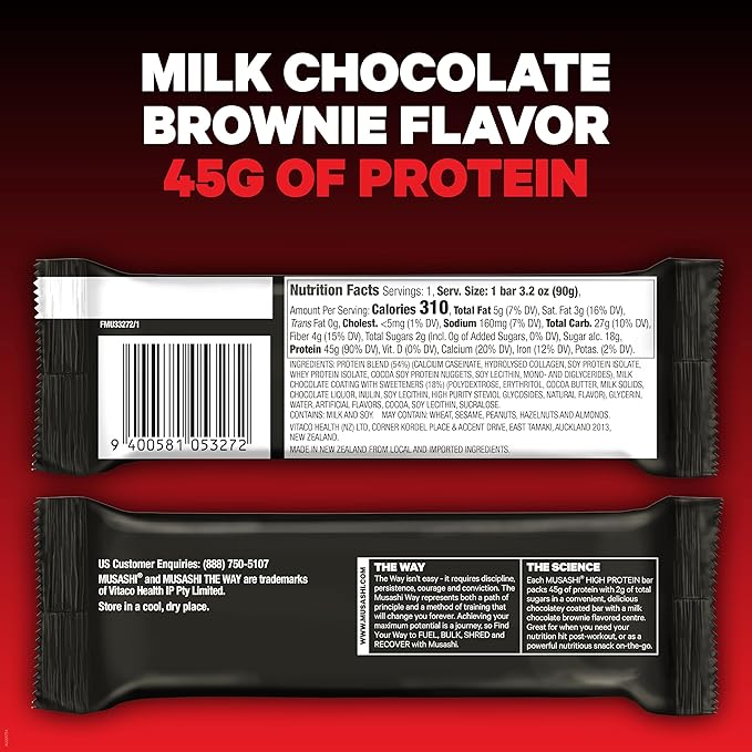 MUSASHI High Protein Bar, 45g Protein, 2g Total Sugars, Milk Chocolate Brownie, Post Workout and