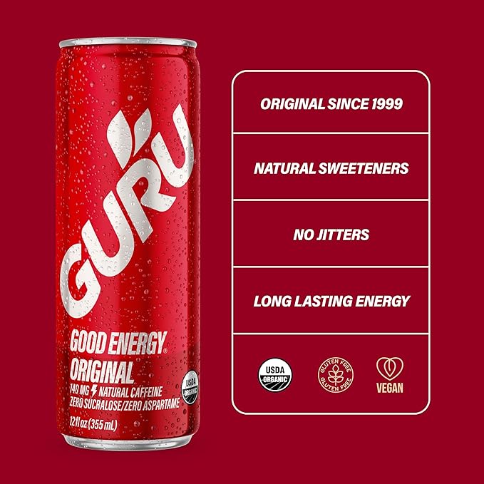 GURU Original Organic Energy Drinks, Clean Energy Drink with Plant Based Natural Caffeine from