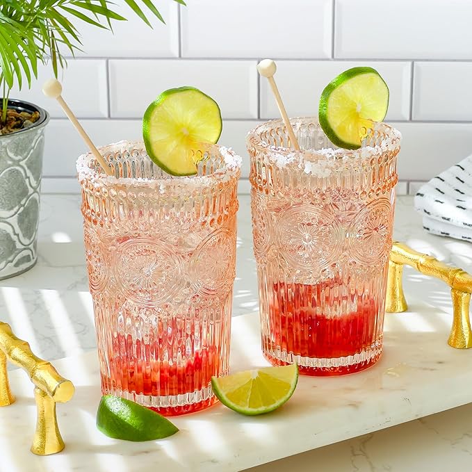 Vintage Textured Rose Gold Striped Drinking Glasses Set of 6, (13 oz) Ribbed Glassware Set |