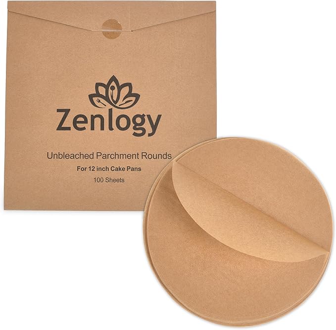 Zenlogy 12 Inch Parchment Paper Rounds (100 Sheets) - Unbleached, Pre-cut, High Heat, Round Liners