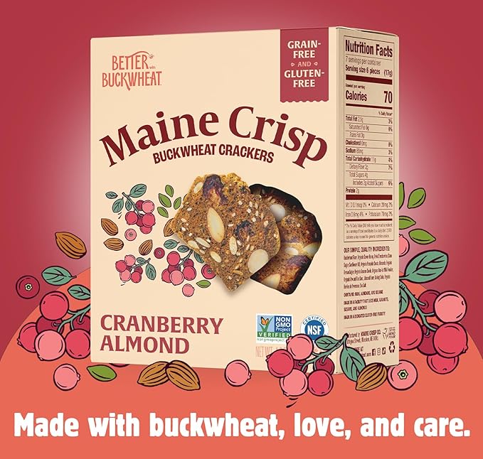 Maine Crisp Cranberry Almond Crisps, 4 Pack - Snack Crackers, Grain Free, Non-Gmo - Sweet & Savory