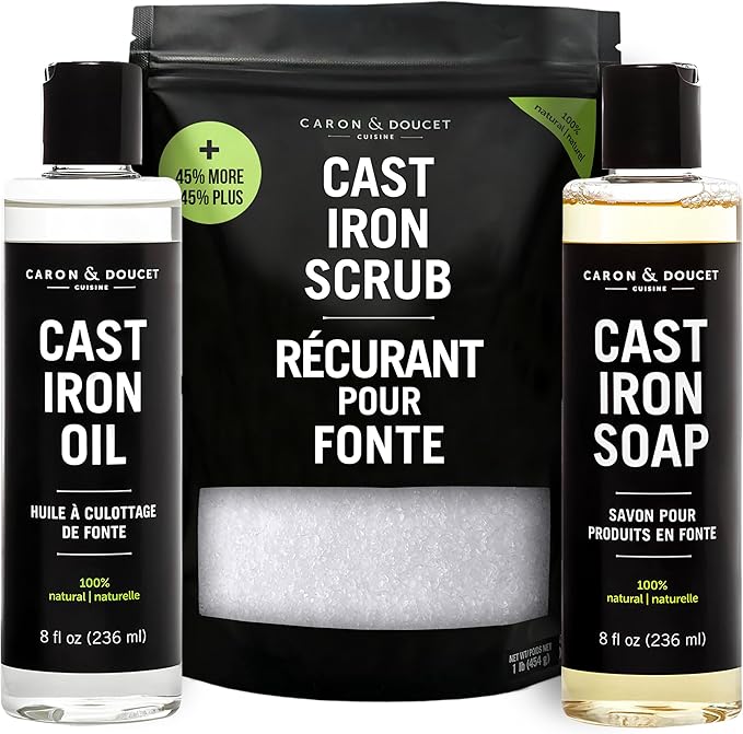 CARON & DOUCET ??New Ultimate Cast Iron Set: Seasoning Oil, Cleaning Soap & Restoring Scrub | 100%