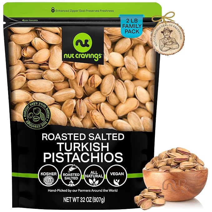 NUT CRAVINGS - Roasted & Lightly Salted Turkish Pistachios Antep (32oz - 2 LB) Packed Fresh in