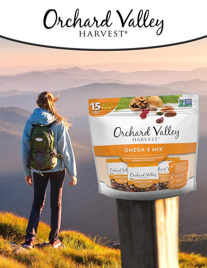 Orchard Valley Harvest Omega-3 Mix, 1 Ounce Bags (Pack of 15), Walnuts, Cranberries, Almonds, and