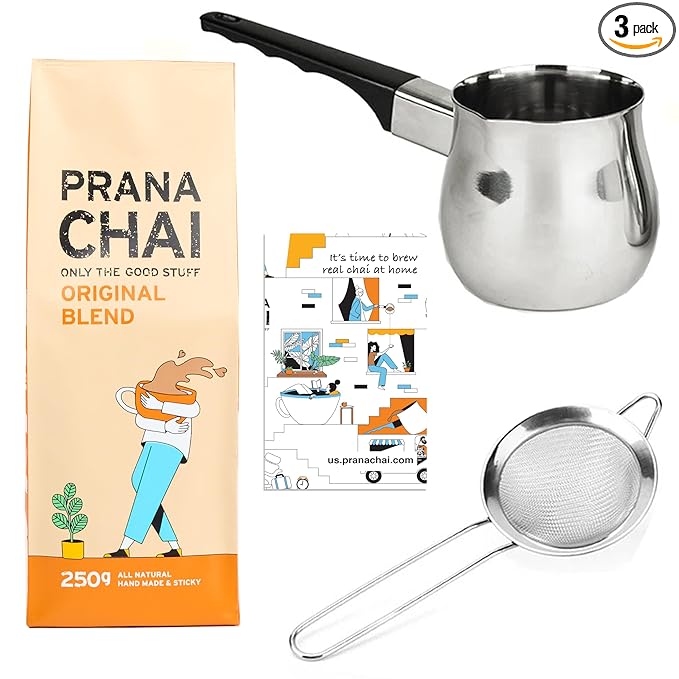 Prana Chai 1 bag chai lovers starter pack including chai teapot, fine mesh strainer and 1 bag of