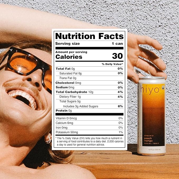 Hiyo Organic Social Tonic - Peach Mango, 12 Pack - N.A. Functional Seltzer, Sparkling Water Crafted