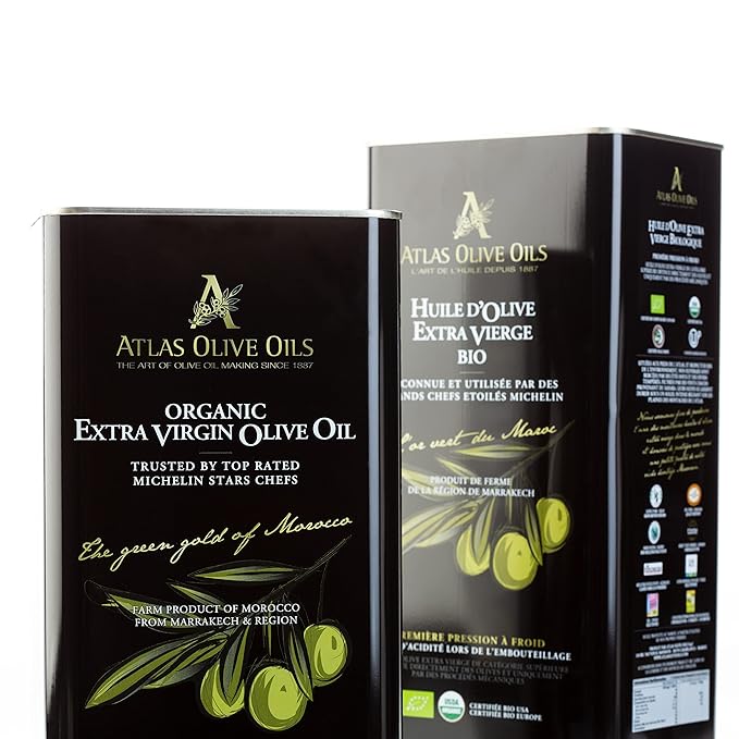 A ATLAS OLIVE OILS Bulk Organic Cold Pressed Moroccan Extra Virgin Olive Oil, Polyphenol Rich