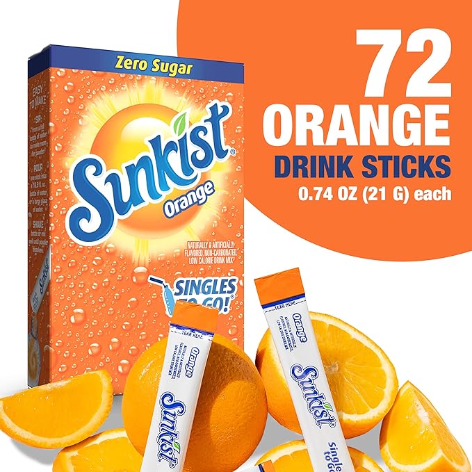 Sunkist Soda Orange Singles To Go Drink Mix, 12 Boxes with 6 Packets Each - 72 Total Servings