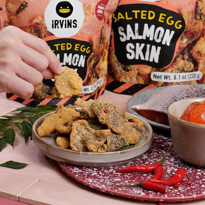 IRVINS Salted Egg Salmon Skin Chips Crisps | Premium Hand Cooked | Halal | High Protein |