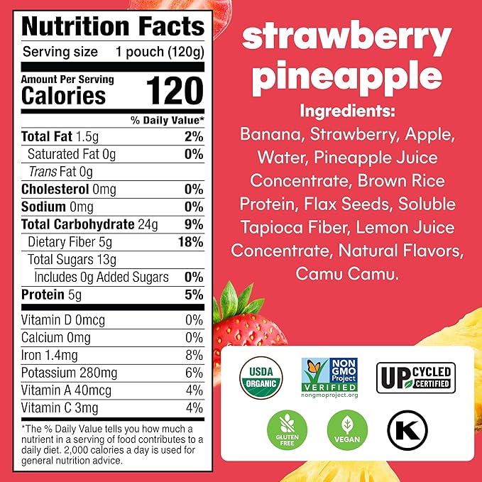 Noka Superfood Fruit Smoothie Pouches, Strawberry Pineapple, Healthy Snacks with Flax Seed