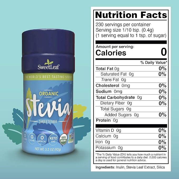 SweetLeaf Organic Stevia Powder Shaker Jar - Zero Calorie Stevia Sweetener, No Bitter Aftertaste