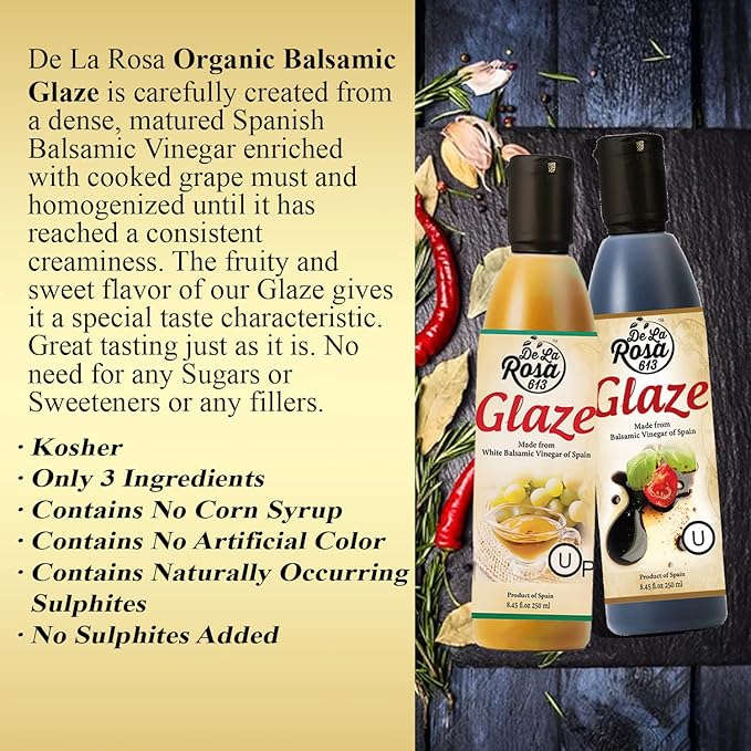De La Rosa Dark & White Balsamic Glaze, Vegan, Kosher for Passover & Gluten Free, Great for Salad