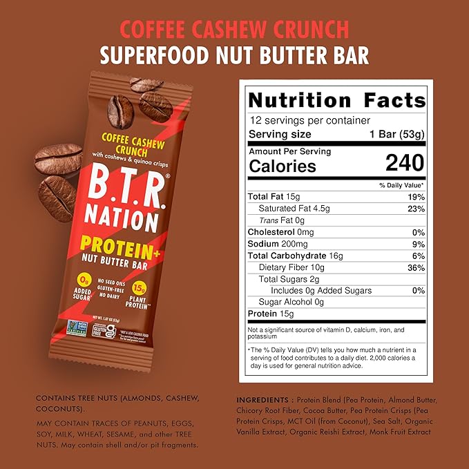 B.T.R. Nation Vegan Keto Plant Based High Protein & High Fiber Bars - Coffee Cashew Crunch Protein+