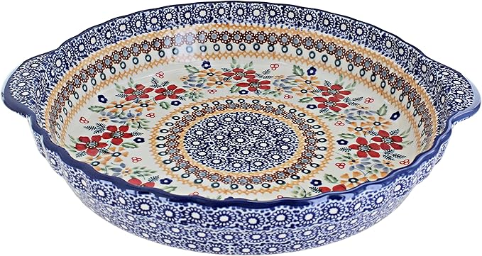 Blue Rose Polish Pottery - Blue Red Daisy Pie Plate with Handles - 9.75" Diameter - Ceramic Baking