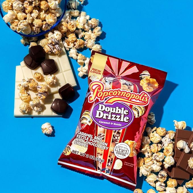 Popcornopolis Double Drizzle 6 ct, 2 oz Case, Caramel and Kettle with Chocolatey Stripes Flavored
