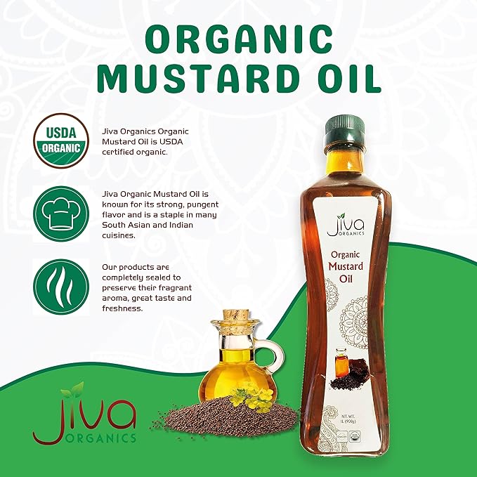 Jiva Organics Organic Mustard Oil 1 Liter Bottle (33.8 Ounce) - Non-GMO, Premium, Cold Pressed