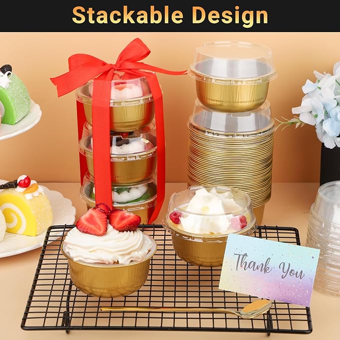Beasea Aluminum Ramekins With Lids, 50 Pack 6.1oz 180ml Disposable Foil Aluminum Baking Cups Round
