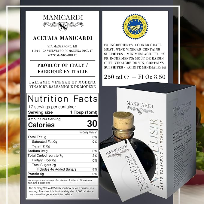 MANICARDI Traditional Balsamic Vinegar of Modena PGI - Black Elisir with Drip-Stop Dispenser