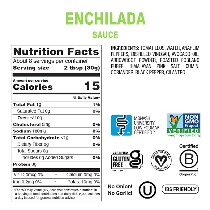 Fody Foods Green Enchilada Sauce, 8.5 Oz, Garlic and Onion Free, Low FODMAP Certified, Gut & IBS
