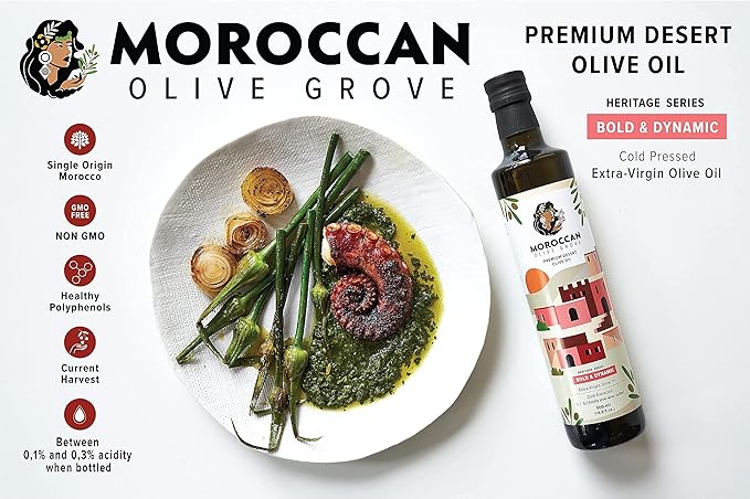 MOROCCAN OLIVE GROVE - Bold & Dynamic - Premium Desert Extra Virgin Cold Extracted Olive Oil, 100%
