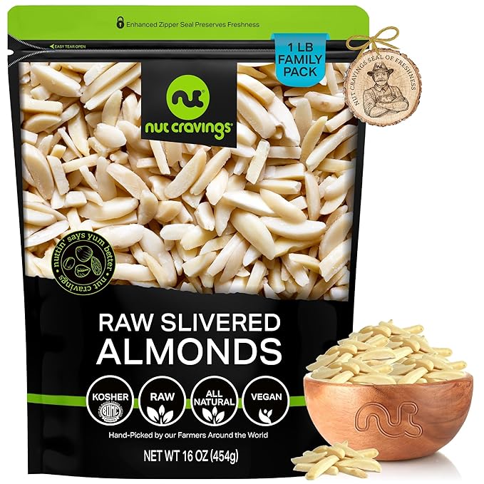 NUT CRAVINGS - Raw Slivered Almonds, Unsalted, (16oz - 1 LB) Packed Fresh in Resealable Bag - Nut