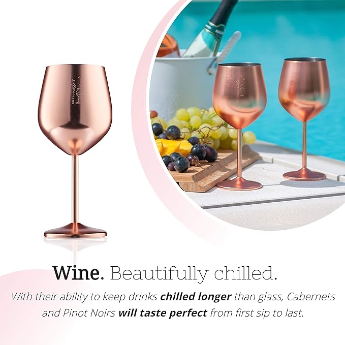 Gusto Nostro Stainless Steel Wine Glass - 18 oz - Unbreakable Rose Gold Wine Glasses for Travel