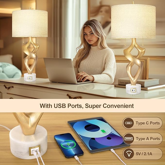Scenekoy Sculptural Resin Table Lamp Set of 2 with USB Ports for Bedroom Living Room, 31” Big Gold