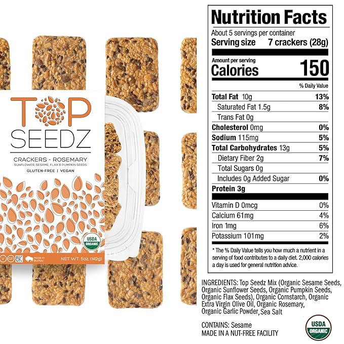 Top Seedz Certified Organic Gluten Free Savory Sensation Seed Crackers | 6-Pack | 5 Ounces |