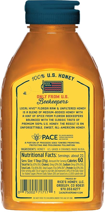 Local Hive Florida Raw Unfiltered Honey – 16oz, 100% Pure US Honey, Sourced from American Bees and