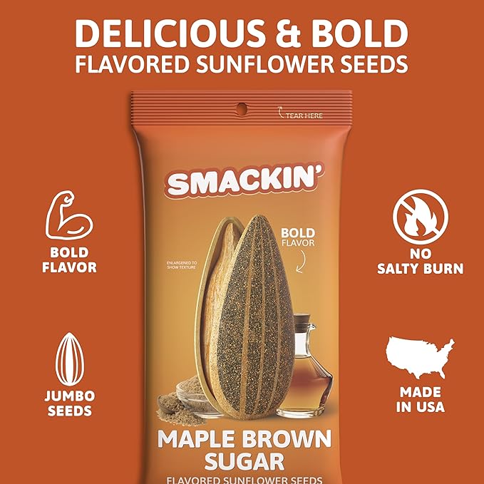 SMACKIN' Sunflower Seeds, Roasted Jumbo Small-Batch, American Made - Maple Brown Sugar. 1.5oz bags