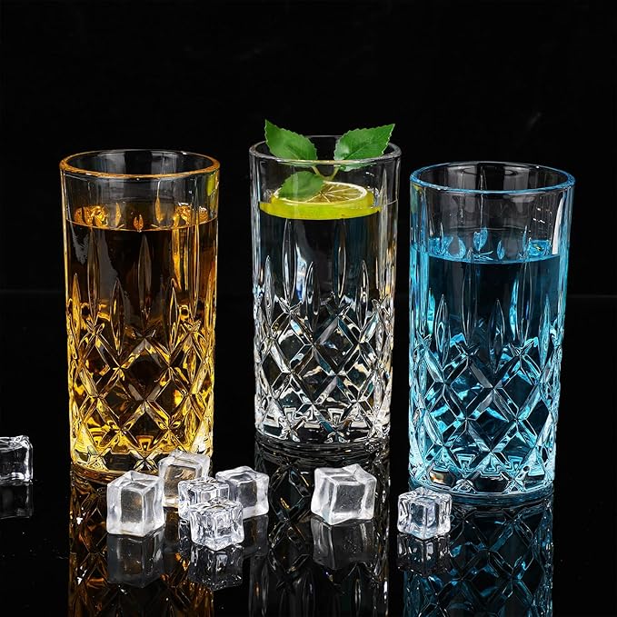 Uiifan Set of 12 Tall Highball Glasses 12 oz Crystal Drinking Glasses Clear Fancy Cups Vintage
