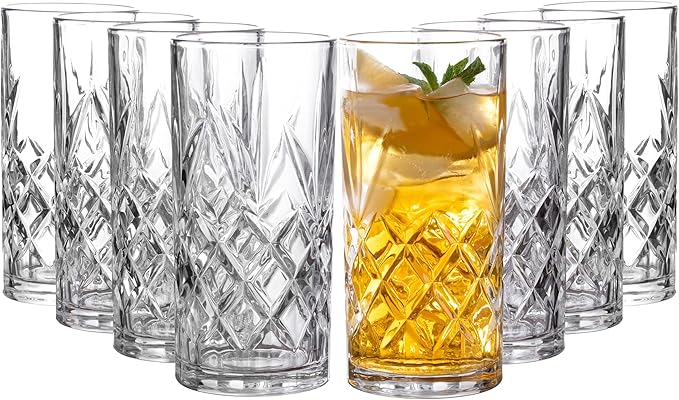 Royalty Art Kinsley Tall Highball Glasses Set of 4, 12 Ounce Cups, Textured Designer Glassware for