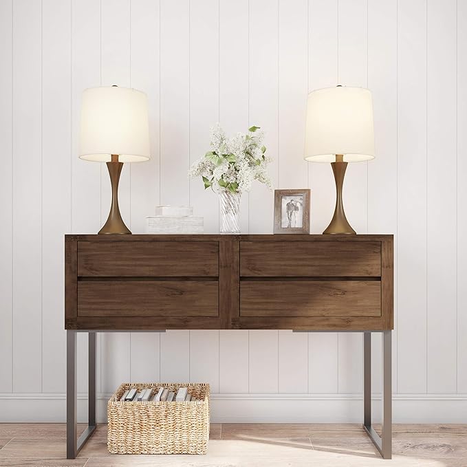 Table Lamps - Set of 2 Mid-Century Modern Lights with Metal Flared Trumpet Base - Includes Energy
