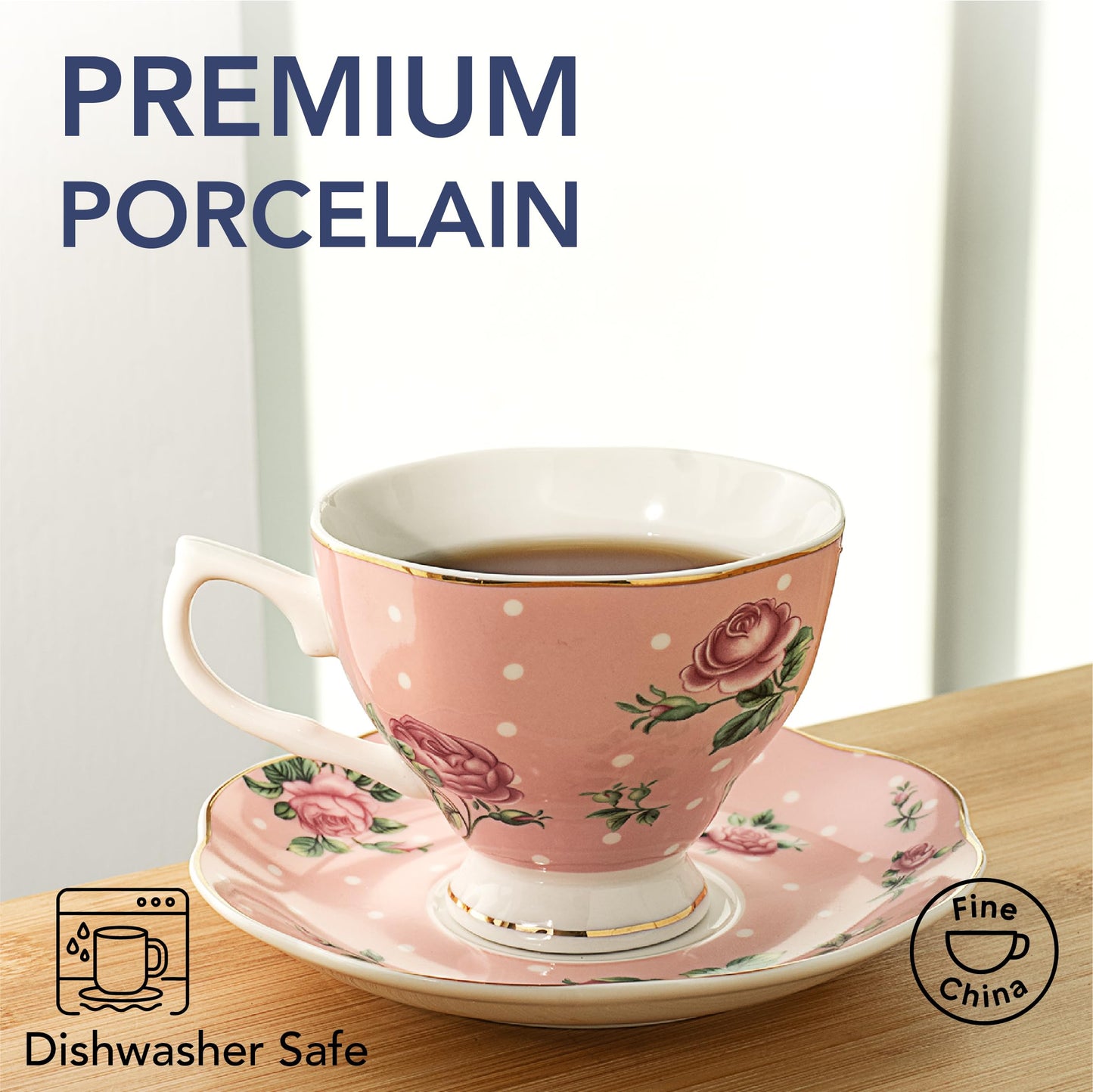 BTaT- Floral Tea Cups and Saucers, Set of 4, 8 oz, Fine Porcelain Teacup Set with Gold Trim for