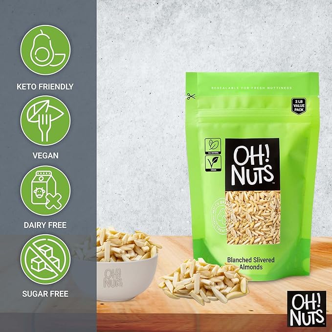 Oh! Nuts Almonds Blanched Slivered - Raw - 100% Natural - 2 lb - High-Protein Almond - Packed in