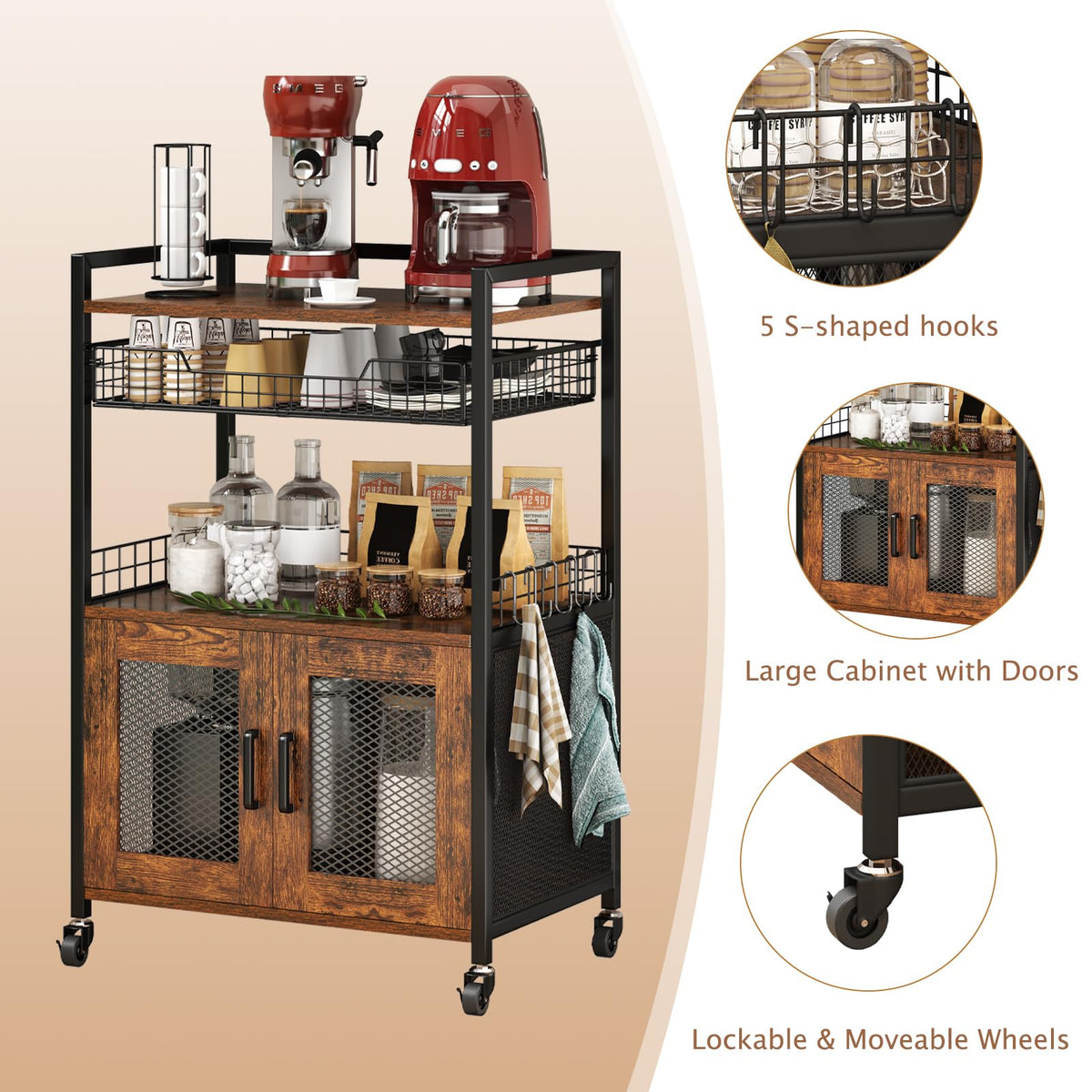 Hencawima Coffee Bar Cabinet, 3 Tier Coffee Station Table on Wheels, 35.9" H Bar Cart with Wire