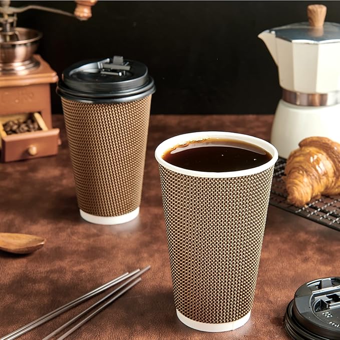 LITOPAK 80 Pack 16 oz Paper Coffee Cups, Insulated Ripple Wall Paper Cups with Lid and Straws
