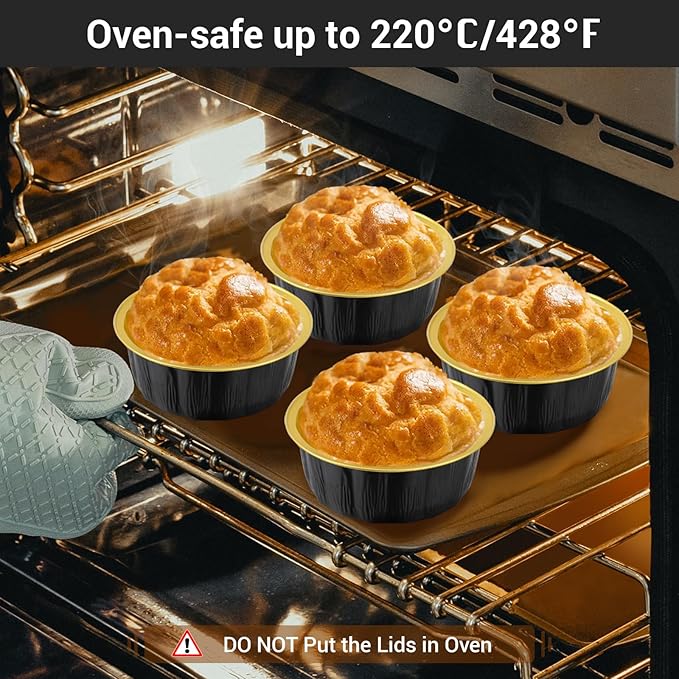 EUSOAR Cupcake Liners, 25pcs 9oz Black Disposable Ramekins with Lids Oven Safe, Cake Container Pans